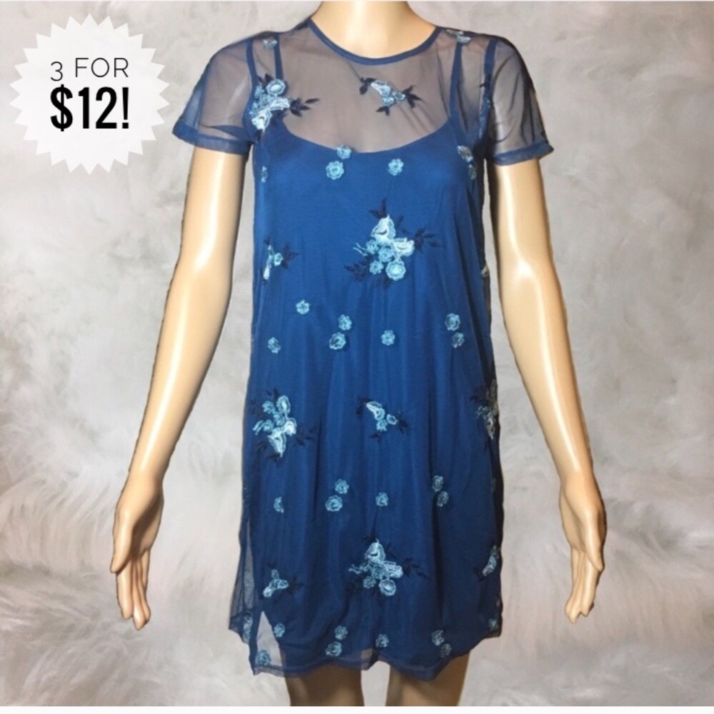 Hollister Embroidered Mesh Dress in Dark Blue XS